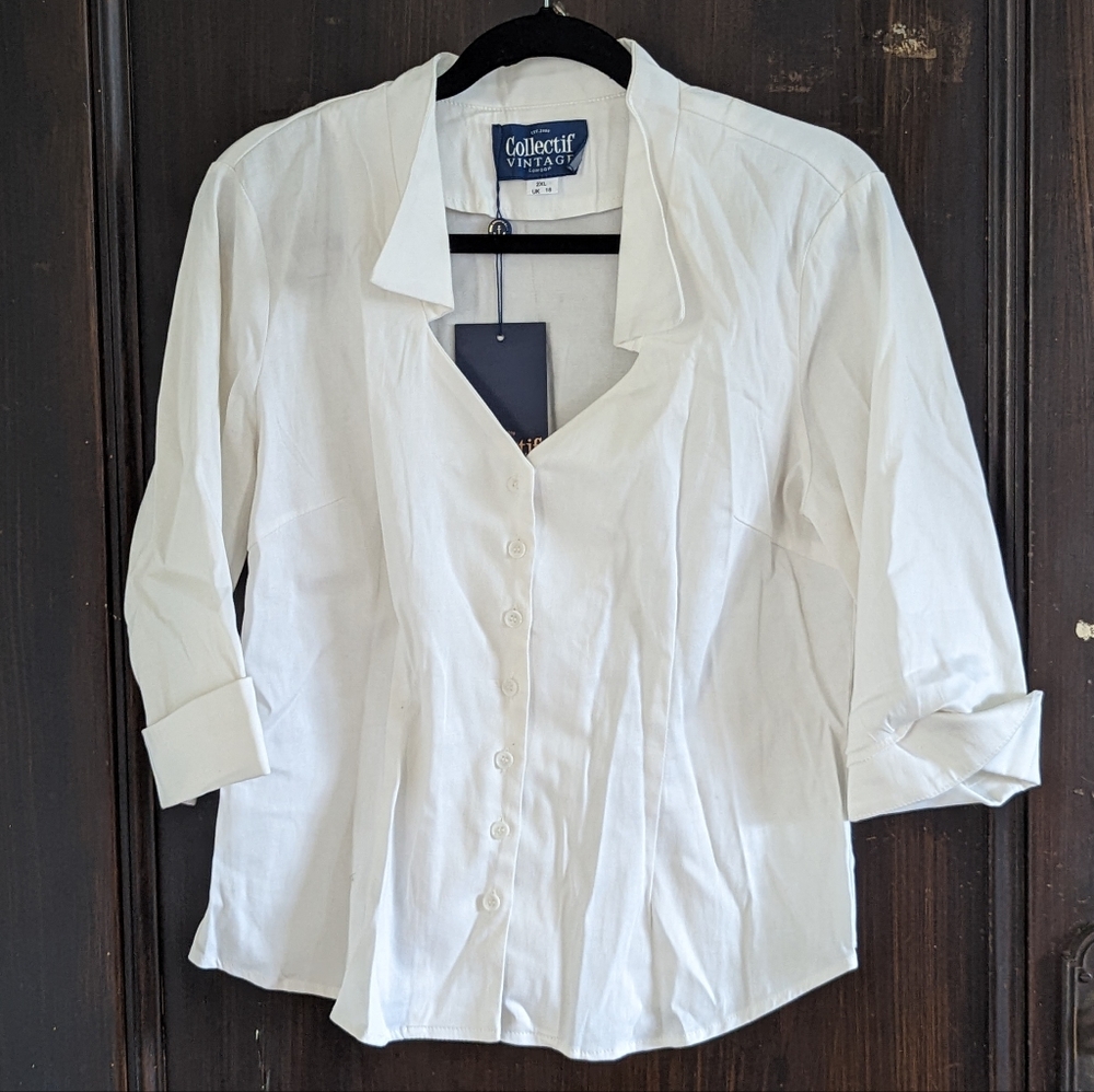Collectif Vintage 40s 50s Retro Sweetheart Button Up Fitted White Blouse